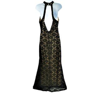 Vintage La Scala Black Floral Lace Overlay Nude Knit Maxi Dress Halter Bra XL